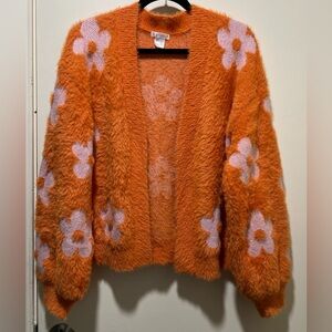 Vibrant Orange oversized Fuzzy Cardigan with Floral Design